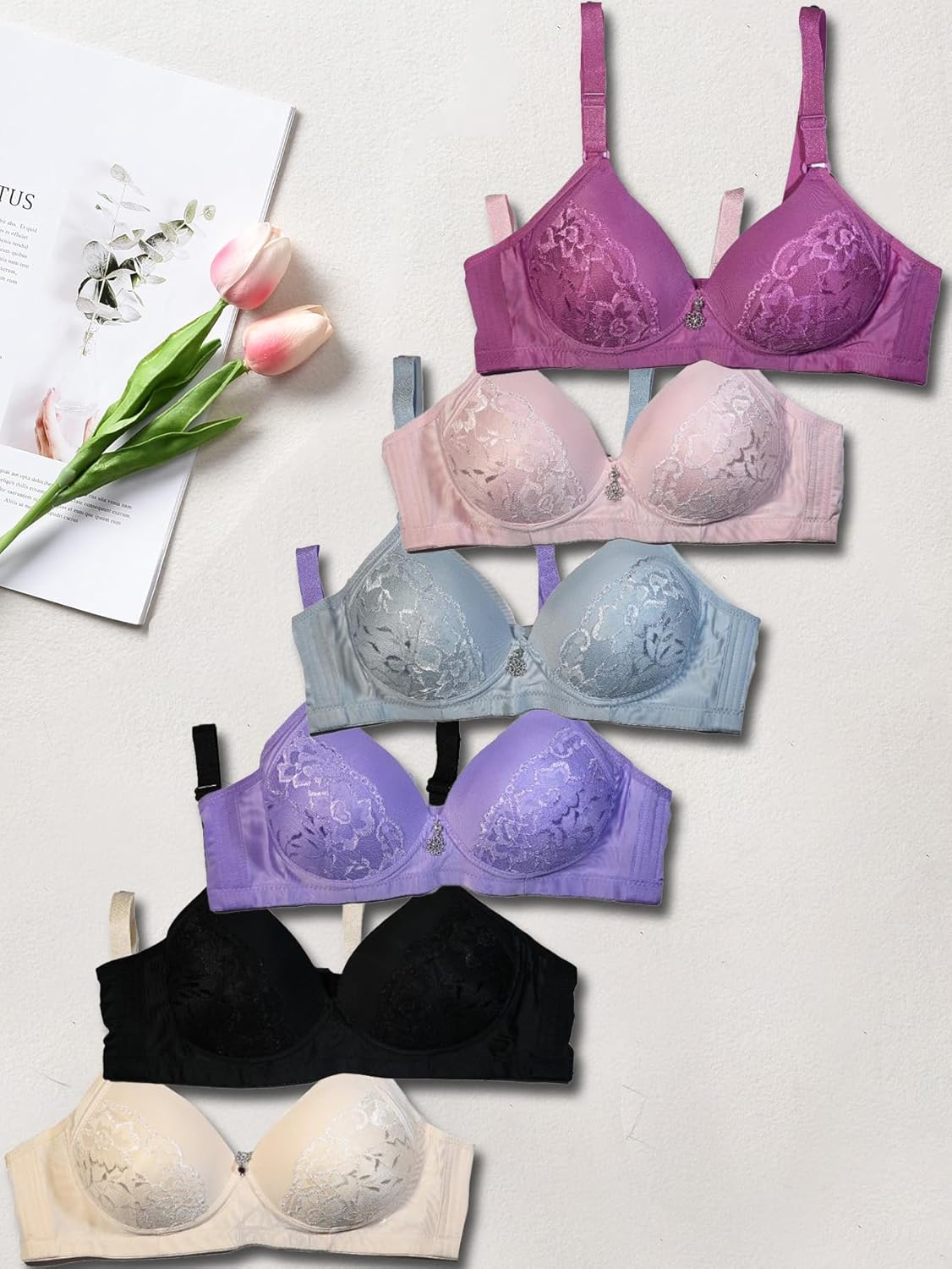 6 Pack Comfortable Wireless T Shirt Bra Seamless, Push Up Full Coverage Bras for Women B Cup C Cup