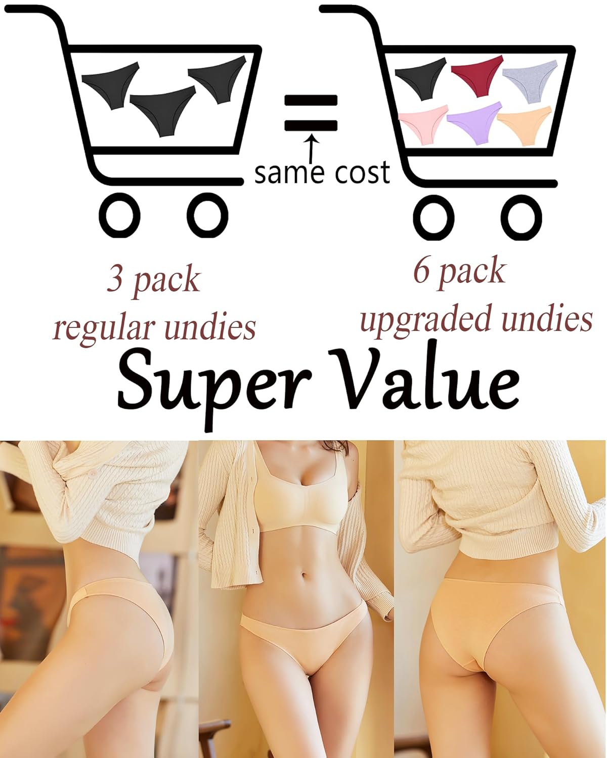 6 Pack Cotton Underwear for Women Cute Low Rise Bikini Panties High Cut Breathable Sexy Hipster Womens Cheeky S-XL