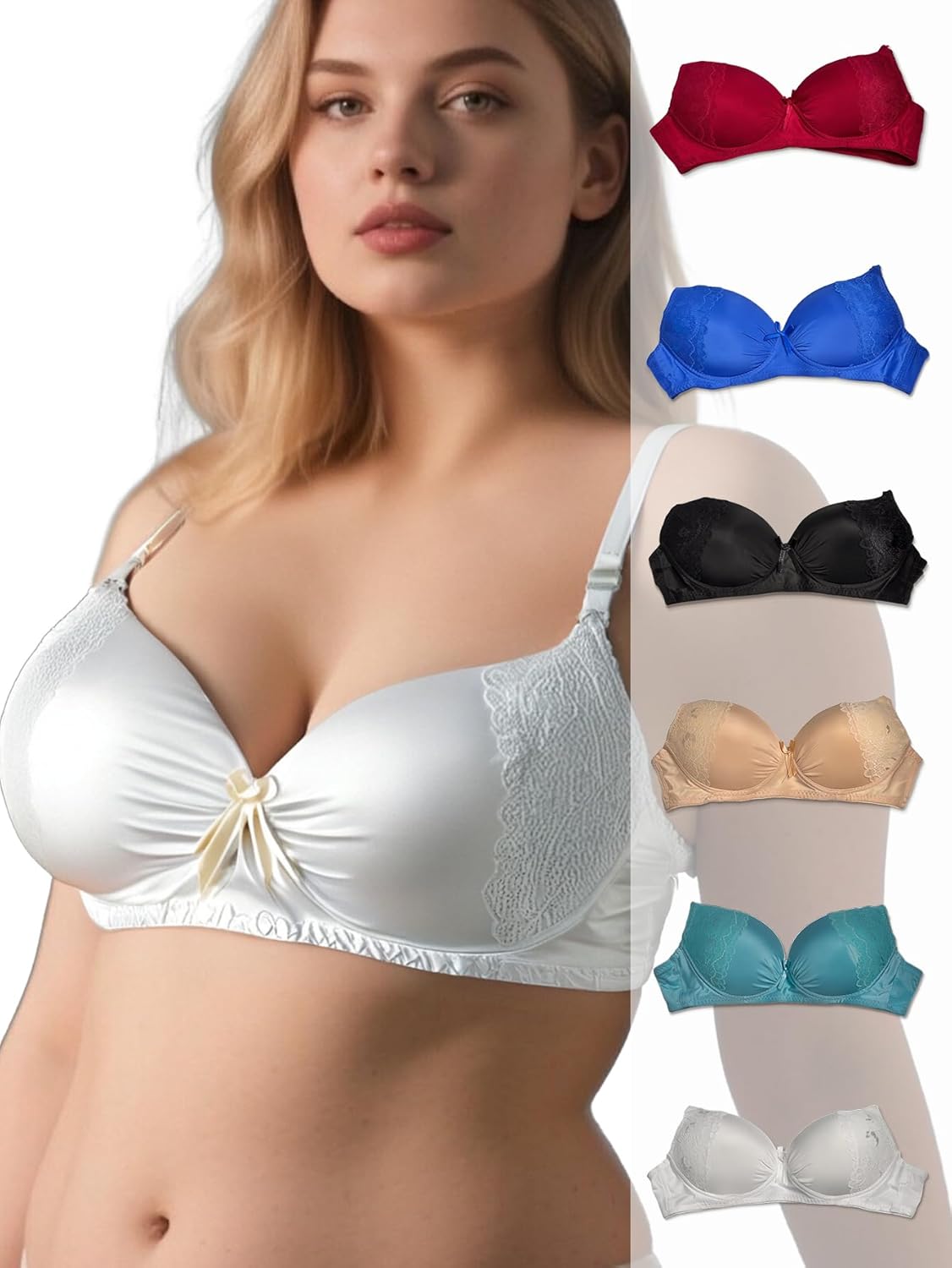 6 Pack Elegant Lace Push-Up Bras for Women, Removable Straps, Comfortable and Breathable Push Up Underwear