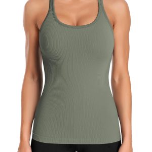 ATTRACO Ribbed Workout Tank Tops for Women with Built in Bra Tight Racerback Scoop Neck Athletic Top