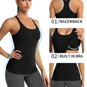 ATTRACO Ribbed Workout Tank Tops for Women with Built in Bra Tight Racerback Scoop Neck Athletic Top
