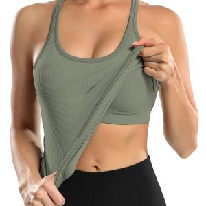ATTRACO Ribbed Workout Tank Tops for Women with Built in Bra Tight Racerback Scoop Neck Athletic Top