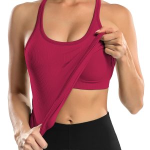 ATTRACO Ribbed Workout Tank Tops for Women with Built in Bra Tight Racerback Scoop Neck Athletic Top
