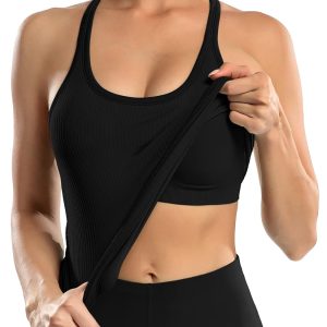 ATTRACO Ribbed Workout Tank Tops for Women with Built in Bra Tight Racerback Scoop Neck Athletic Top