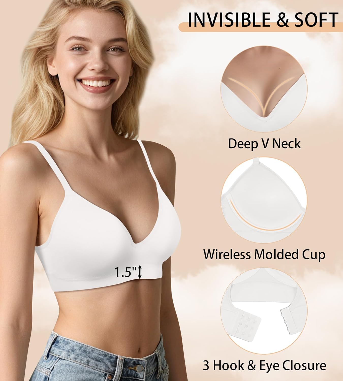 Bras for Women No Underwire - Wireless Comfortable Plunge Full Coverage Bralette Plus Size Sports Tshirt Bra