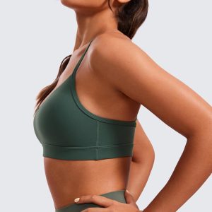 CRZ YOGA Butterluxe V-Neck Sports Bras for Women - Adjustable Thin Straps Padded Yoga Top Basic Wireless Camisole