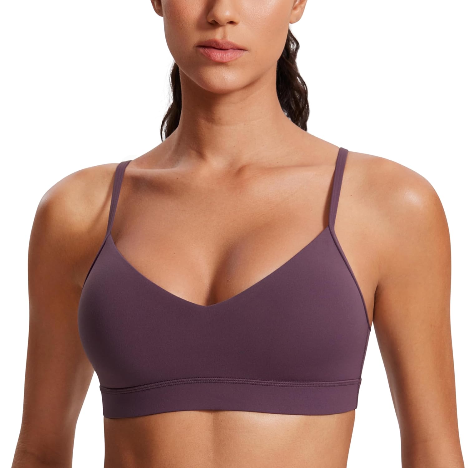 CRZ YOGA Butterluxe V-Neck Sports Bras for Women - Adjustable Thin Straps Padded Yoga Top Basic Wireless Camisole