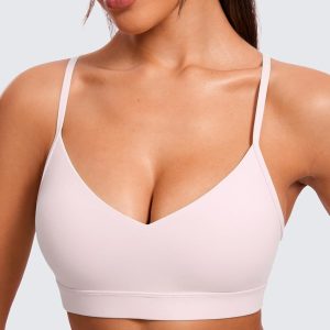 CRZ YOGA Butterluxe V-Neck Sports Bras for Women - Adjustable Thin Straps Padded Yoga Top Basic Wireless Camisole