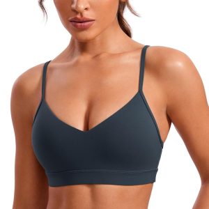 CRZ YOGA Butterluxe V-Neck Sports Bras for Women - Adjustable Thin Straps Padded Yoga Top Basic Wireless Camisole