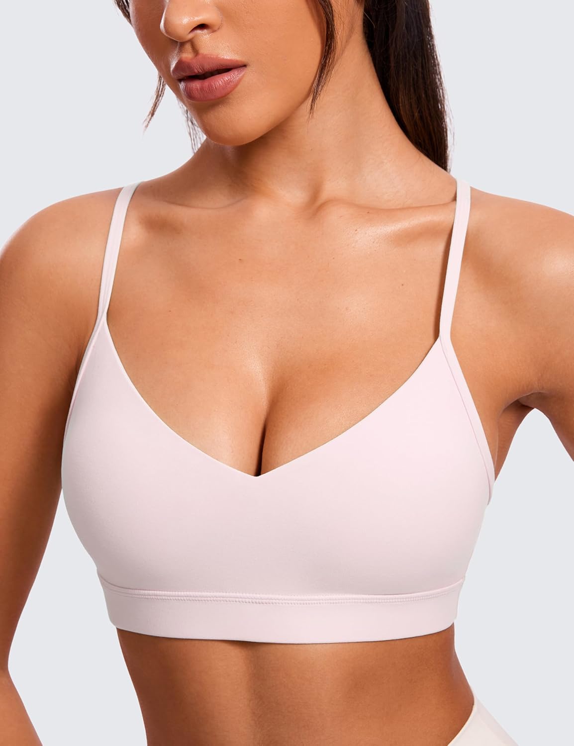 CRZ YOGA Butterluxe V-Neck Sports Bras for Women - Adjustable Thin Straps Padded Yoga Top Basic Wireless Camisole