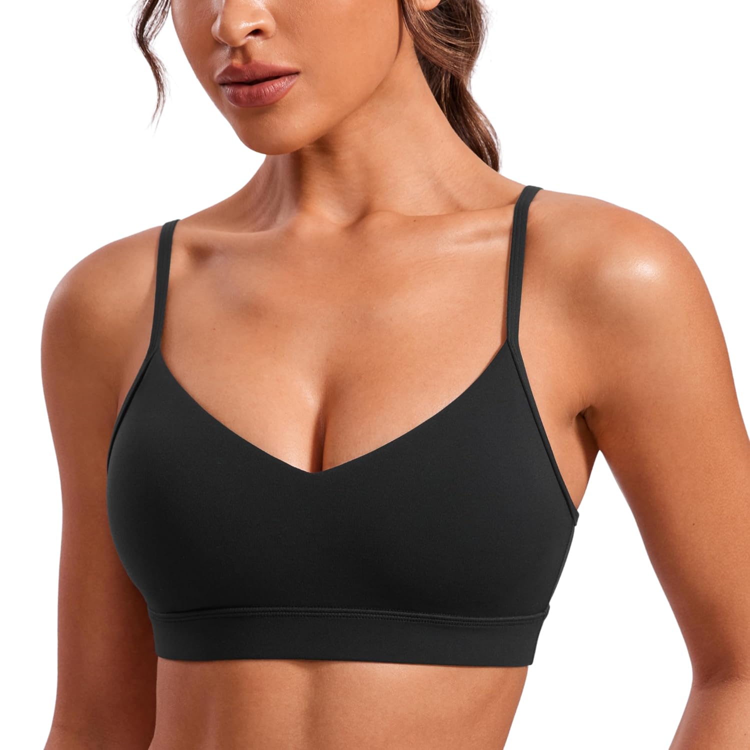 CRZ YOGA Butterluxe V-Neck Sports Bras for Women - Adjustable Thin Straps Padded Yoga Top Basic Wireless Camisole