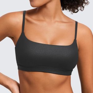 CRZ YOGA Womens Butterluxe Adjustable Spaghetti Strap Sports Bra - Scoop Neck Wireless Padded Yoga Workout Crop Top