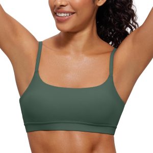 CRZ YOGA Womens Butterluxe Adjustable Spaghetti Strap Sports Bra - Scoop Neck Wireless Padded Yoga Workout Crop Top