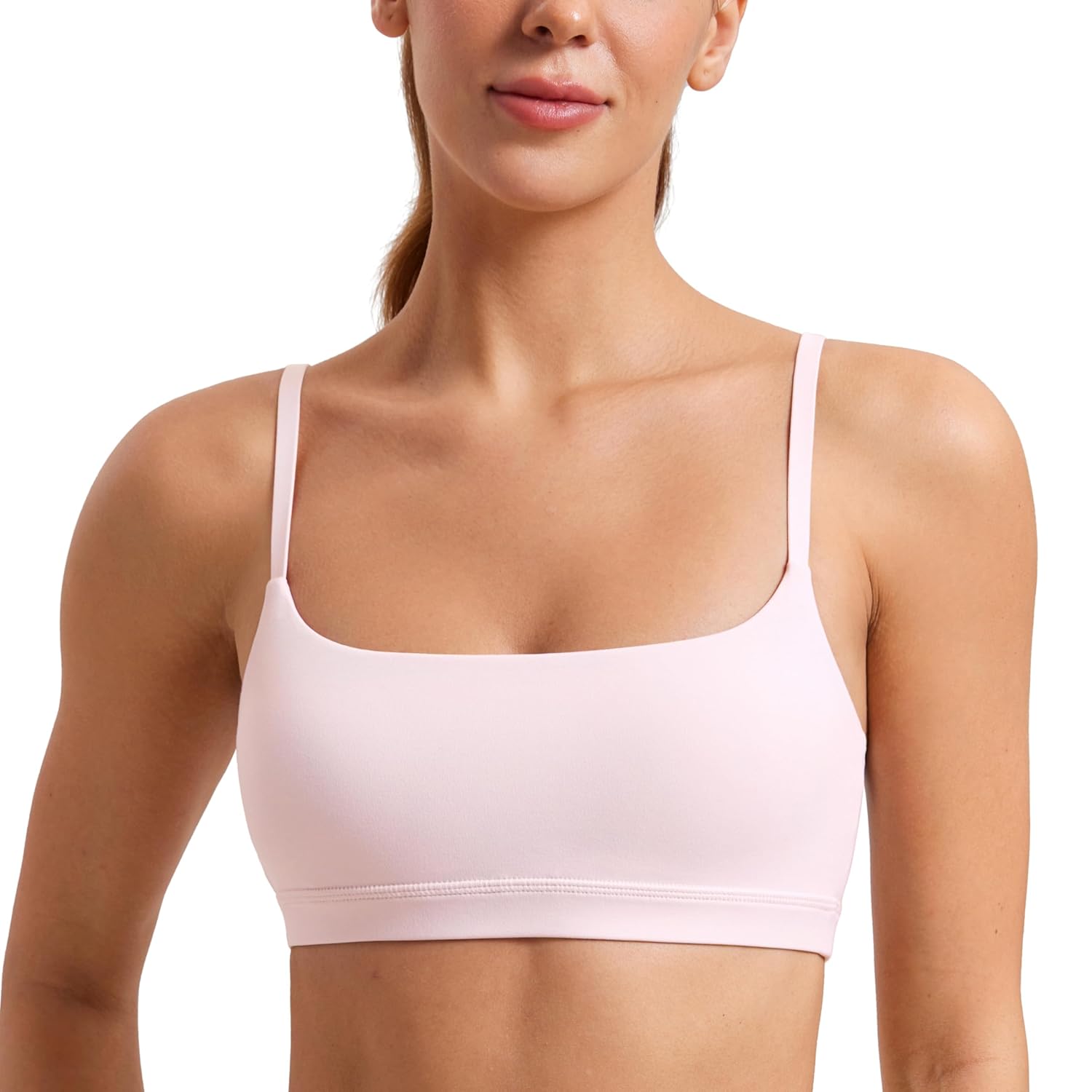CRZ YOGA Womens Butterluxe Adjustable Spaghetti Strap Sports Bra - Scoop Neck Wireless Padded Yoga Workout Crop Top