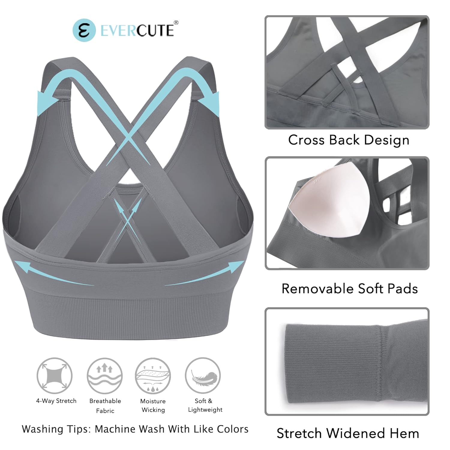 Evercute Sports Bra for Women Padded Medium Support Criss Cross Strappy Bras Seamless High Impact Yoga Exercise Athletic Bras