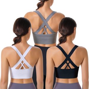 Evercute Sports Bra for Women Padded Medium Support Criss Cross Strappy Bras Seamless High Impact Yoga Exercise Athletic Bras
