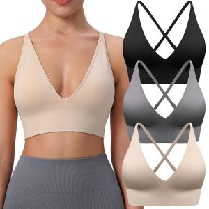Evercute Women's Sports Bras Adjustable Deep V Neck Bras Wireless Spaghetti Strap Criss Cross Padded Low Support Sexy Bras