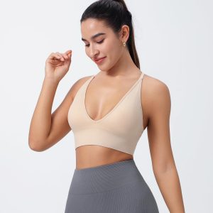 Evercute Women's Sports Bras Adjustable Deep V Neck Bras Wireless Spaghetti Strap Criss Cross Padded Low Support Sexy Bras