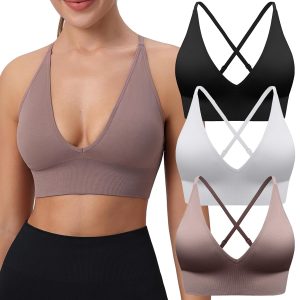 Evercute Women's Sports Bras Adjustable Deep V Neck Bras Wireless Spaghetti Strap Criss Cross Padded Low Support Sexy Bras