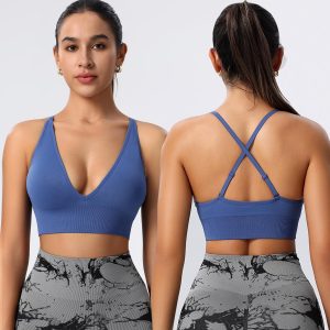 Evercute Women's Sports Bras Adjustable Deep V Neck Bras Wireless Spaghetti Strap Criss Cross Padded Low Support Sexy Bras