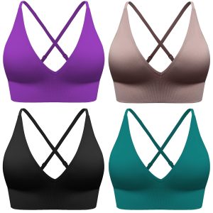 Evercute Women's Sports Bras Adjustable Deep V Neck Bras Wireless Spaghetti Strap Criss Cross Padded Low Support Sexy Bras