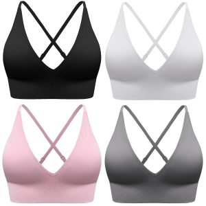 Evercute Women's Sports Bras Adjustable Deep V Neck Bras Wireless Spaghetti Strap Criss Cross Padded Low Support Sexy Bras
