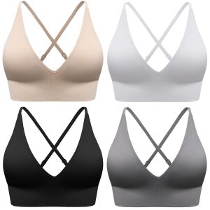 Evercute Women's Sports Bras Adjustable Deep V Neck Bras Wireless Spaghetti Strap Criss Cross Padded Low Support Sexy Bras