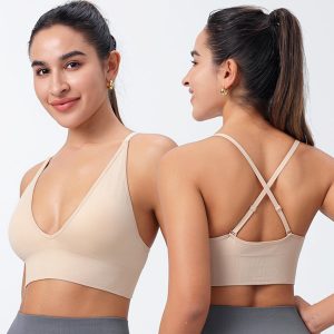 Evercute Women's Sports Bras Adjustable Deep V Neck Bras Wireless Spaghetti Strap Criss Cross Padded Low Support Sexy Bras