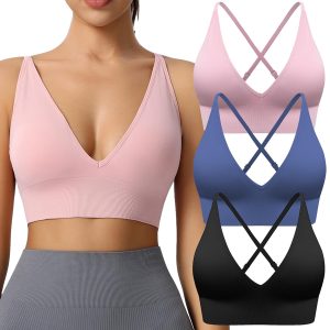 Evercute Women's Sports Bras Adjustable Deep V Neck Bras Wireless Spaghetti Strap Criss Cross Padded Low Support Sexy Bras