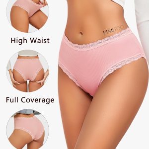 FINETOO 6 Pack Cotton Underwear for Women Cute Bikini Panties Sexy Lace Waist Briefs Soft Breathable Womens Cheeky S-XXL