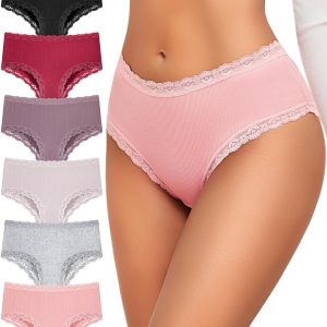 FINETOO 6 Pack Cotton Underwear for Women Cute Bikini Panties Sexy Lace Waist Briefs Soft Breathable Womens Cheeky S-XXL
