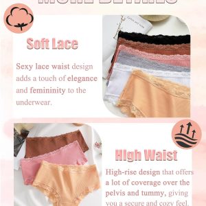 FINETOO 6 Pack Cotton Underwear for Women Cute Bikini Panties Sexy Lace Waist Briefs Soft Breathable Womens Cheeky S-XXL
