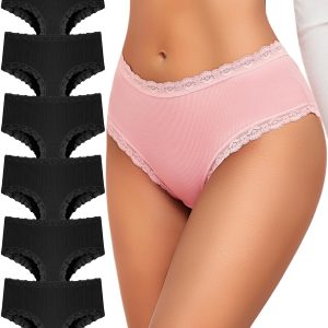 FINETOO 6 Pack Cotton Underwear for Women Cute Bikini Panties Sexy Lace Waist Briefs Soft Breathable Womens Cheeky S-XXL