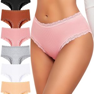 FINETOO 6 Pack Cotton Underwear for Women Cute Bikini Panties Sexy Lace Waist Briefs Soft Breathable Womens Cheeky S-XXL