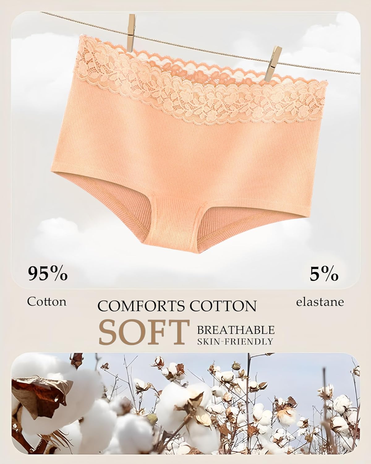 FINETOO Cotton Underwear for Women Boy Shorts Lace Boxer Briefs Soft Full Coverage Womens Panties 5 Pack S-XXL