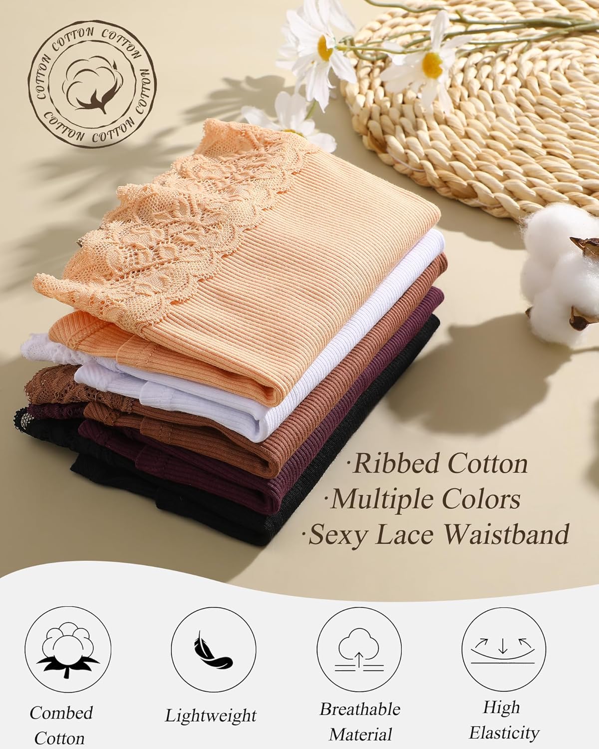 FINETOO Cotton Underwear for Women Boy Shorts Lace Boxer Briefs Soft Full Coverage Womens Panties 5 Pack S-XXL