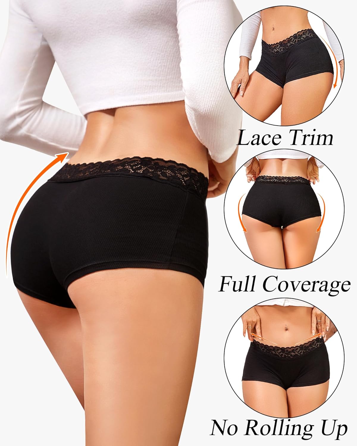 FINETOO Cotton Underwear for Women Boy Shorts Lace Boxer Briefs Soft Full Coverage Womens Panties 5 Pack S-XXL