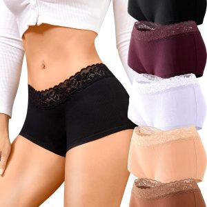 FINETOO Cotton Underwear for Women Boy Shorts Lace Boxer Briefs Soft Full Coverage Womens Panties 5 Pack S-XXL