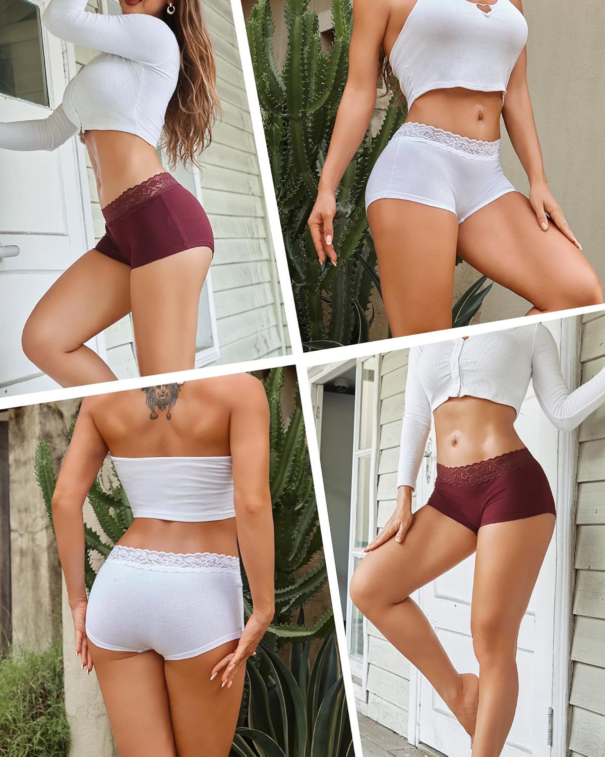 FINETOO Cotton Underwear for Women Boy Shorts Lace Boxer Briefs Soft Full Coverage Womens Panties 5 Pack S-XXL