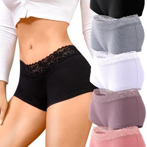 FINETOO Cotton Underwear for Women Boy Shorts Lace Boxer Briefs Soft Full Coverage Womens Panties 5 Pack S-XXL