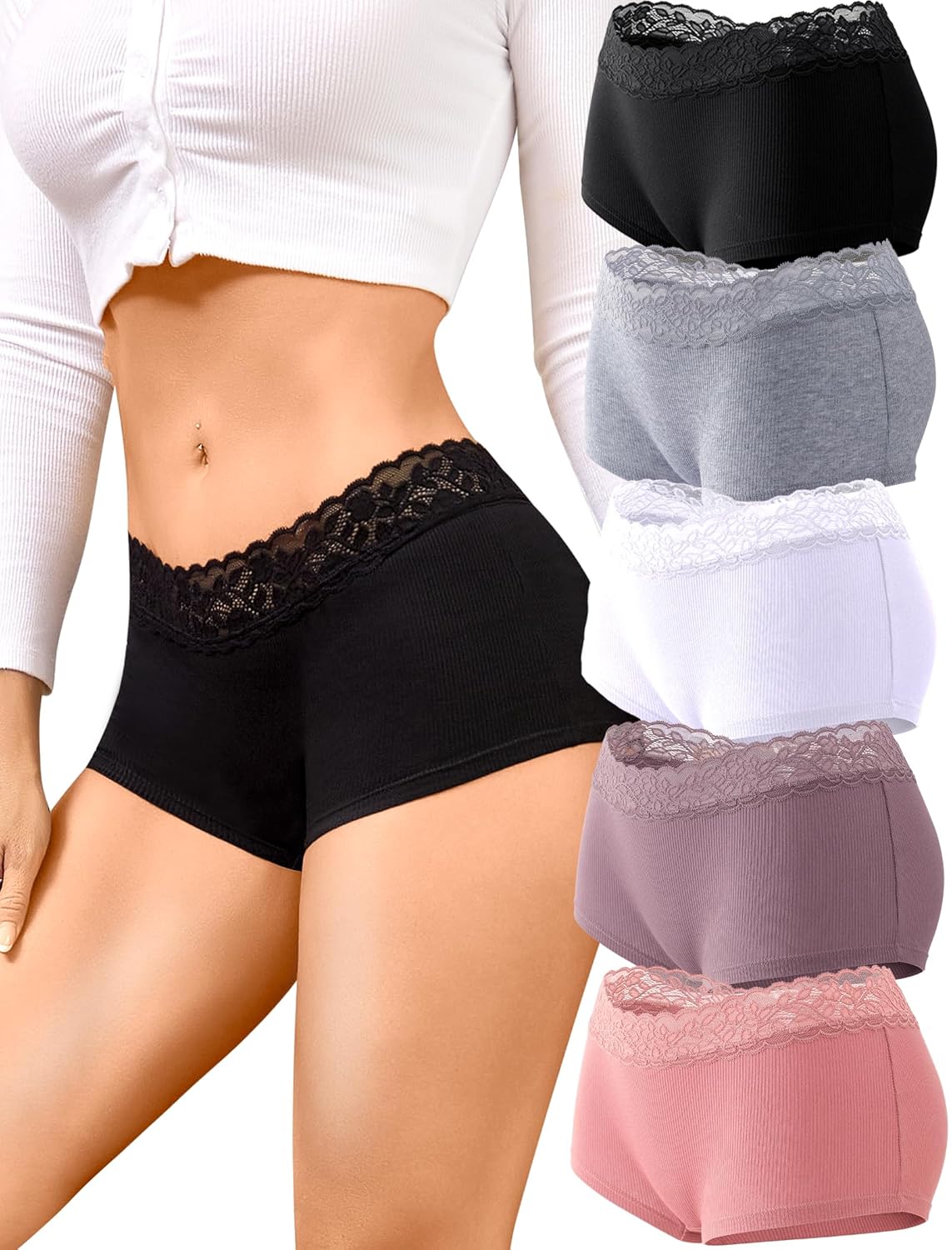 FINETOO Cotton Underwear for Women Boy Shorts Lace Boxer Briefs Soft Full Coverage Womens Panties 5 Pack S-XXL