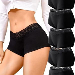 FINETOO Cotton Underwear for Women Boy Shorts Lace Boxer Briefs Soft Full Coverage Womens Panties 5 Pack S-XXL