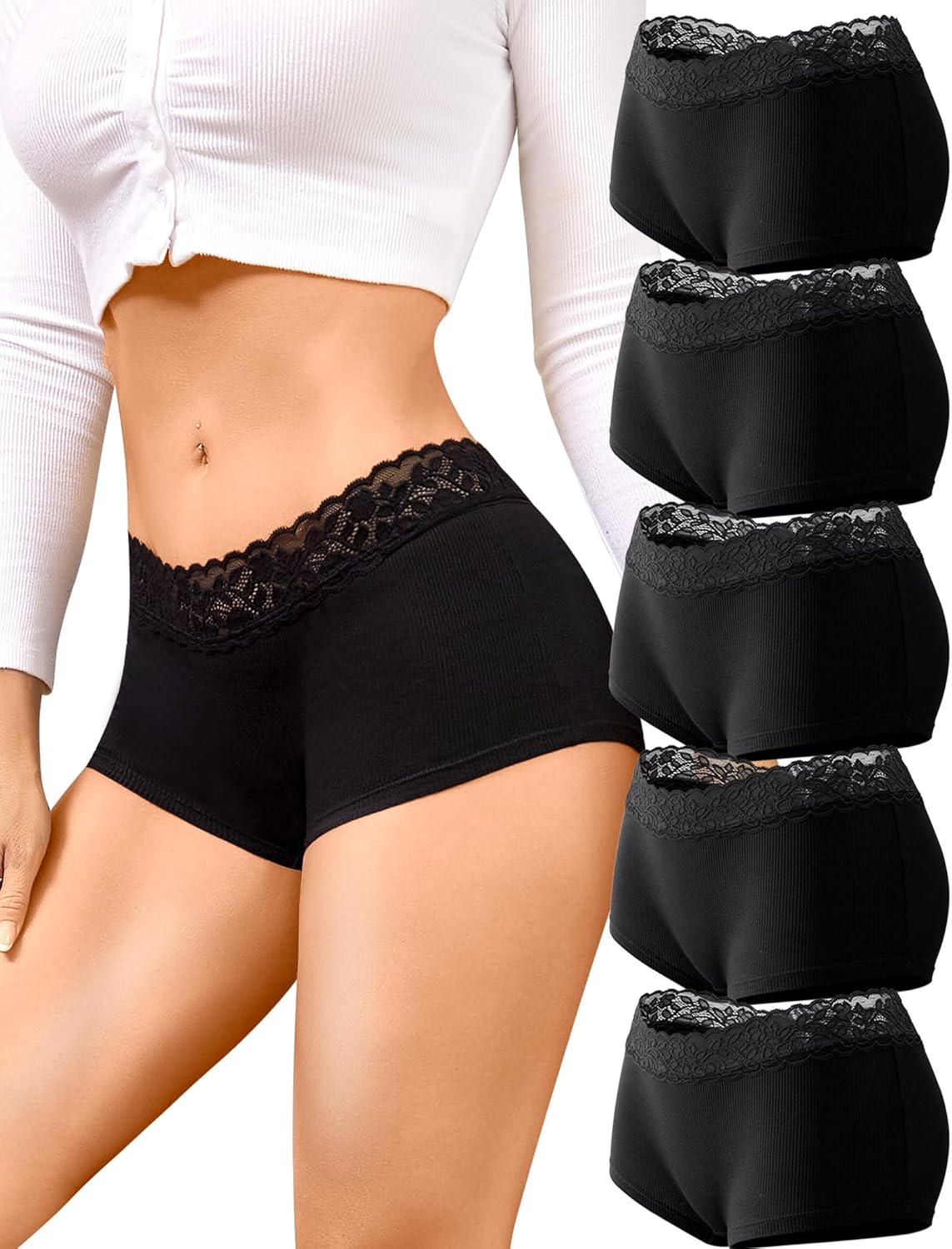 FINETOO Cotton Underwear for Women Boy Shorts Lace Boxer Briefs Soft Full Coverage Womens Panties 5 Pack S-XXL