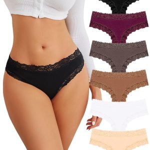 FINETOO Cotton Underwear for Women Sexy Panties Lace Hipster Low Rise Breathable Womens Cheeky 6 Pack S-XL