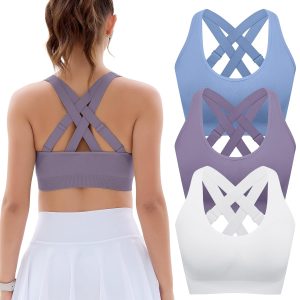 FITTIN Padded Sports Bras for Women: Support Strappy Adjustable Straps Cross Back Sport Bra Pack for Workout Yoga Running Gym