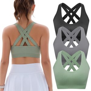 FITTIN Padded Sports Bras for Women: Support Strappy Adjustable Straps Cross Back Sport Bra Pack for Workout Yoga Running Gym