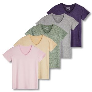 Real Essentials 5 Pack: Women's Dry Fit Short Sleeve V Neck Workout Top - Fitness Gym Athletic Yoga T-Shirt (Plus Available)