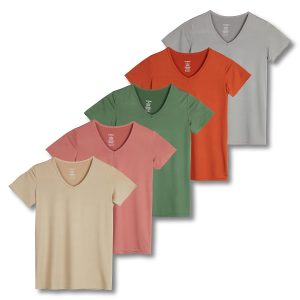 Real Essentials 5 Pack: Women's Dry Fit Short Sleeve V Neck Workout Top - Fitness Gym Athletic Yoga T-Shirt (Plus Available)