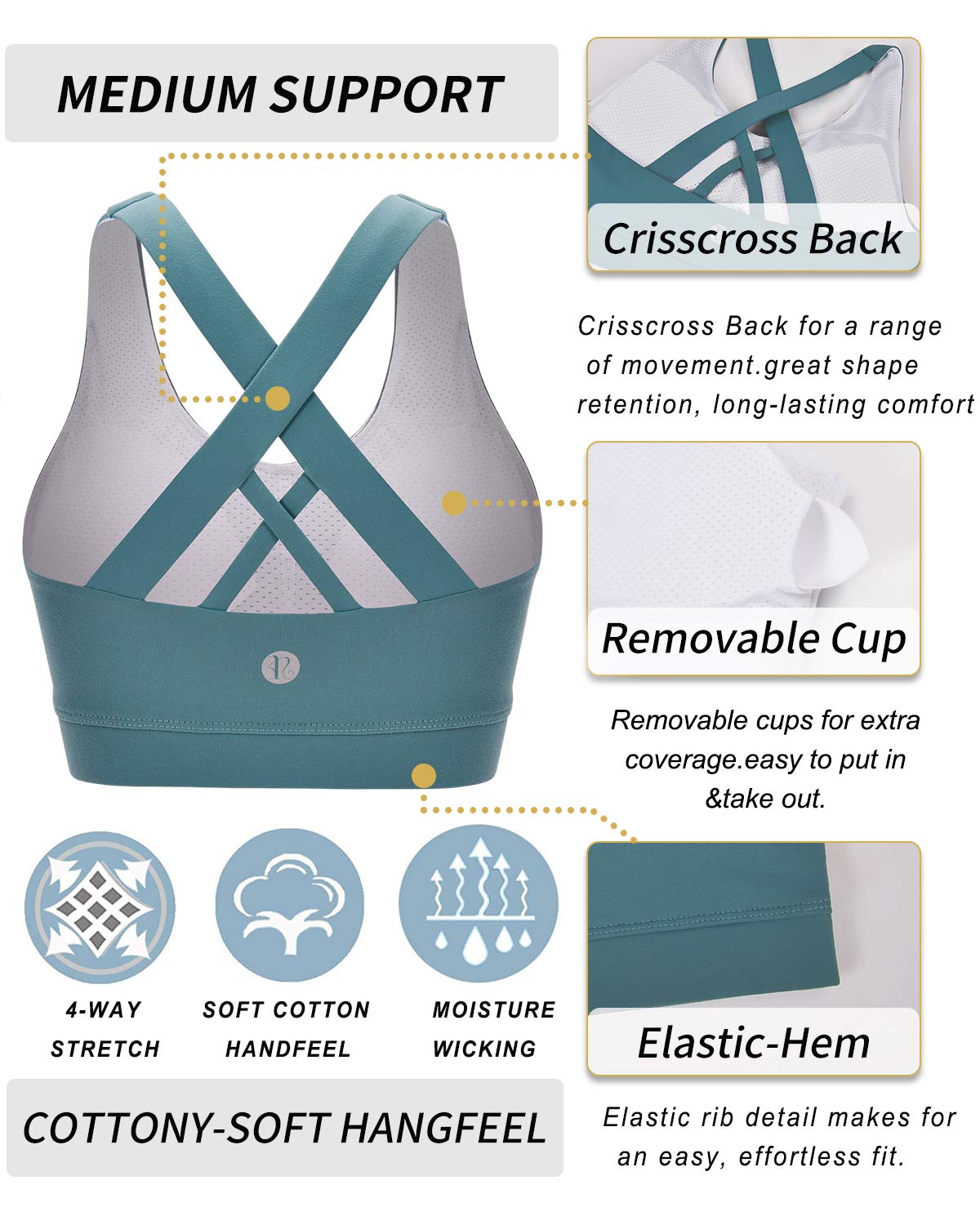 RUNNING GIRL Sports Bra for Women, Criss-Cross Back Padded Strappy Sports Bras Medium Support Yoga Bra with Removable Cups