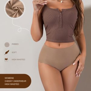 SHARICCA Seamless High Waisted Underwear for Women Cheeky Underwear Wave Edge No Show Bikini Panties Ribbed Panties Pack